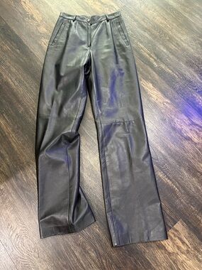 Maxima Italy Genuine Leather Pants Black High Waist Straight Leg Minimalist 42